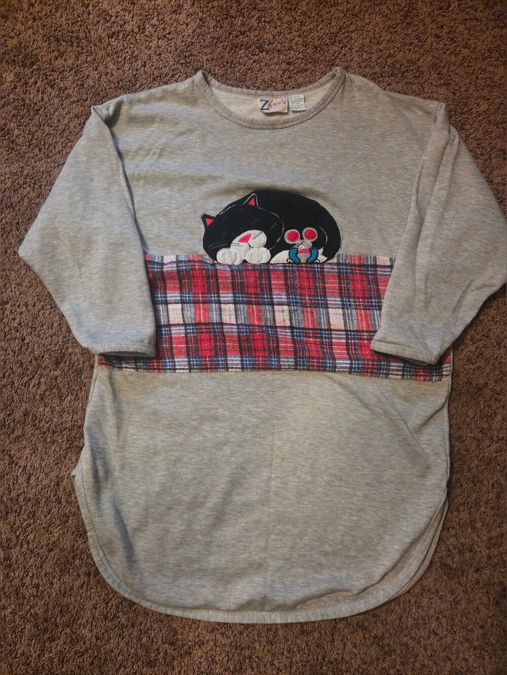 Vintage Grey Cat Plaid Panel Long Sleeve Top
